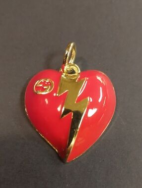 GG Red Enamel Heart Charm Pendant with Gold Lightning Bolt